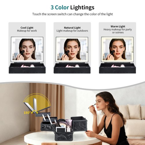 Faquenc Travel Makeup Case with LED Lighted Mirror - 11.6" Portable Makeup Organizer Box, Cosmetic Train Case with Detachable Brush Holder - Fluid Black