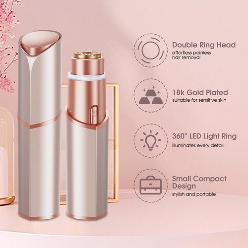 Facial Hair Removal for Women: Electric Hair Removal Device - Rechargeable Painless Face Razor for Chin Upper Lip Peach Fuzz with Light Gifts for Women(Rose Gold)