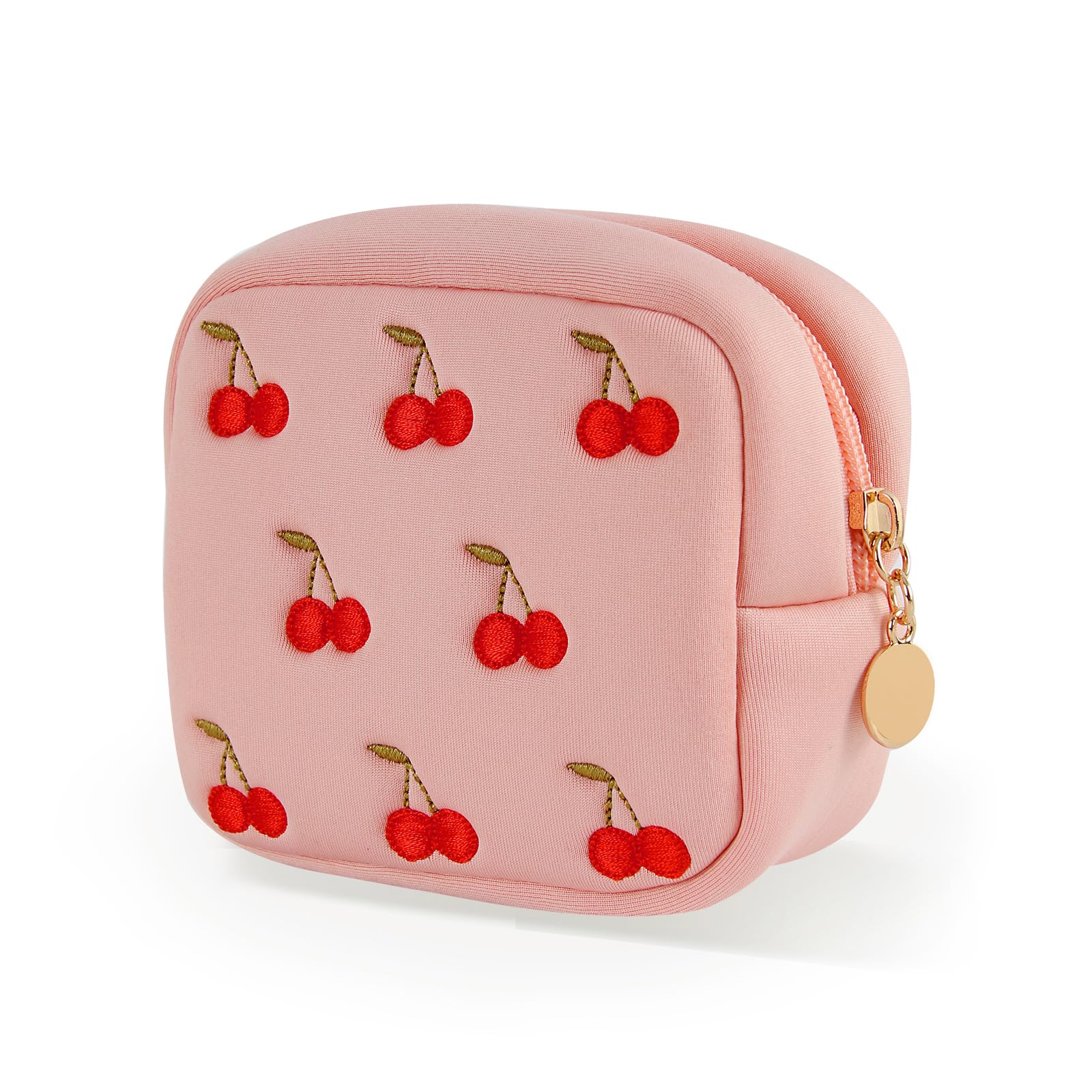 ZUCOLUS Pink Period Bag for Teen Girls, Mini Sanitary Napkin Storage Makeup Bag,Small Cherry Embroidery Period Bag for Women Girls