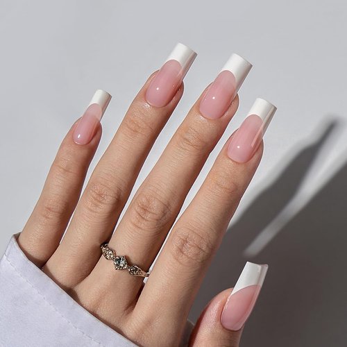 BTArtbox French Tip Press-On Nails - White & Pink Long Square Acrylic Nail Extensions