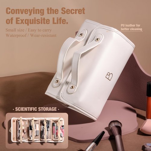 BS-MALL Travel Makeup Bag PU Leather Large Size Elegant Cosmetic Case in Premium PU Leather with 4 Small Bag for Easy Makeup Organization & Travel White
