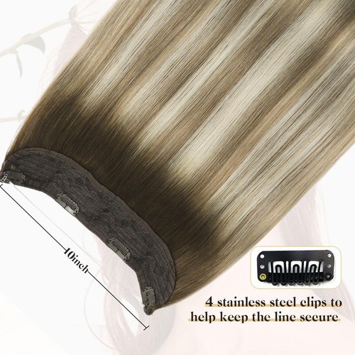 Sindra Wire Hair Extensions Real Human Hair 3/8/22 Balayage Walnut Brown to Light Brown With Blonde Invisible Wire Hair Extensions Transparent 14inch 70g Seamless Fish Line Hairpiece for Women