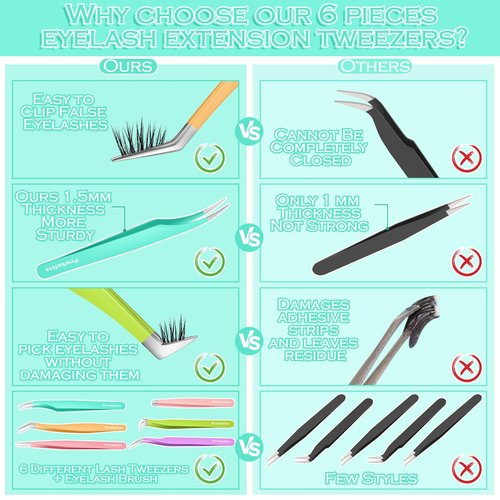 6pcs Eyelash Tweezers Lash Extension Tweezers for False Lashes,Christmas Gifts Eyelash Tweezers for Lash Clusters Metal Lashtweezers Stocking Stuffers with Lash Applicator Tool