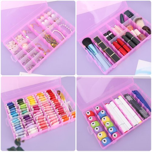 False Nail Container, Cosics Bright Pink 36-Gird Plastic Nail Art Organizers Storage Box with Adjustable Dividers, False Jewelry Diamonds Charms Nail 3D Decorations Manicure Accessory Holder Case