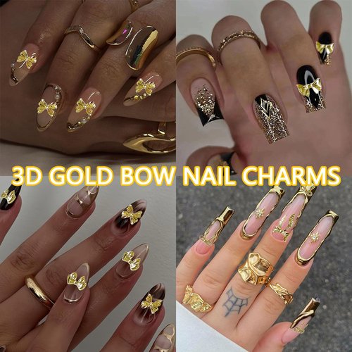 120Pcs Gold Bow Nail Charms, 3D Metal Alloy Bowknot Nail Art Golden Bows Charms for Nails Decor Accessories DIY Craft