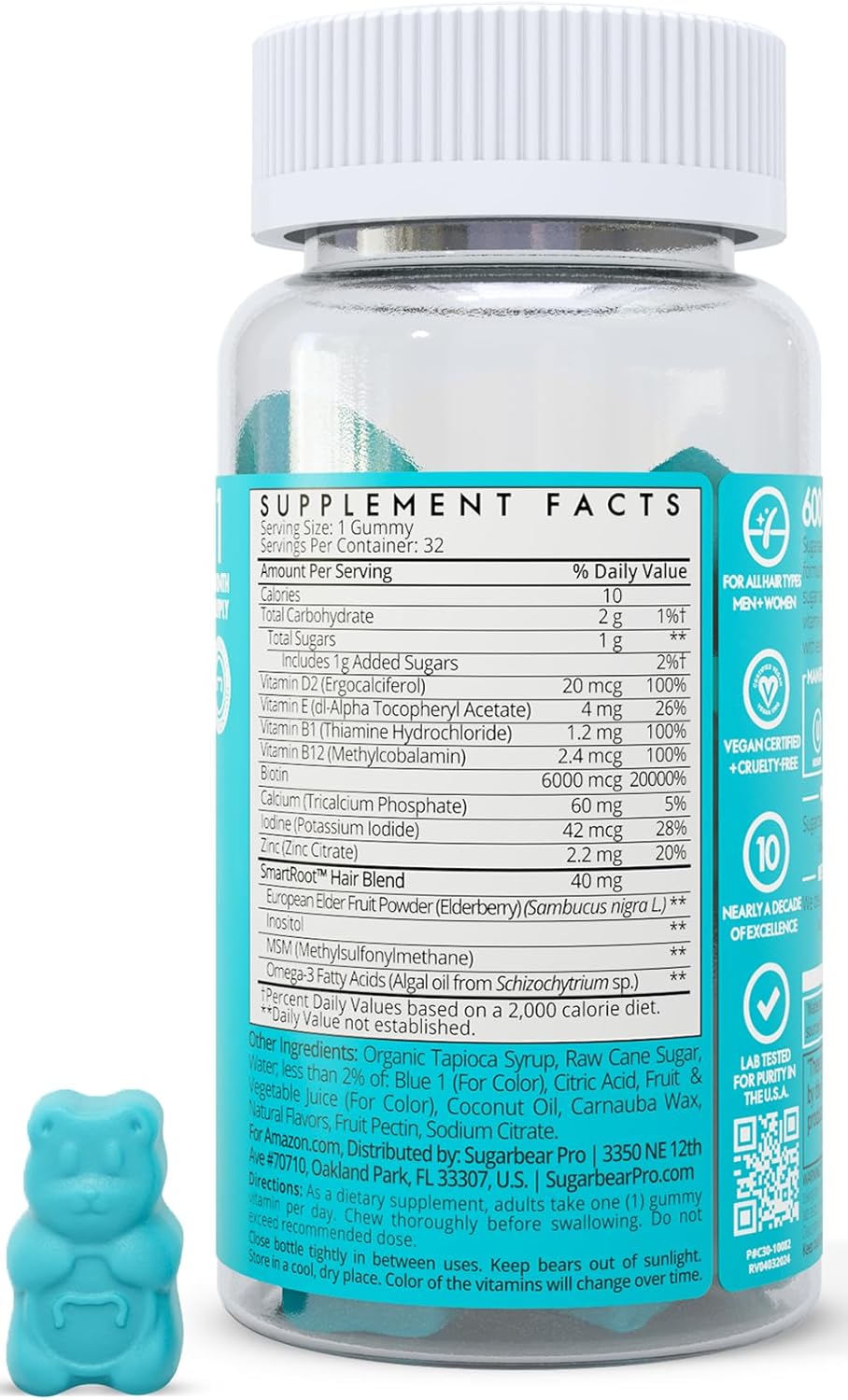 SugarBearPro Hair Vitamins - Extra Strength Biotin 6000mcg Gummies for Hair Growth | Vegan, 1 Month Supply