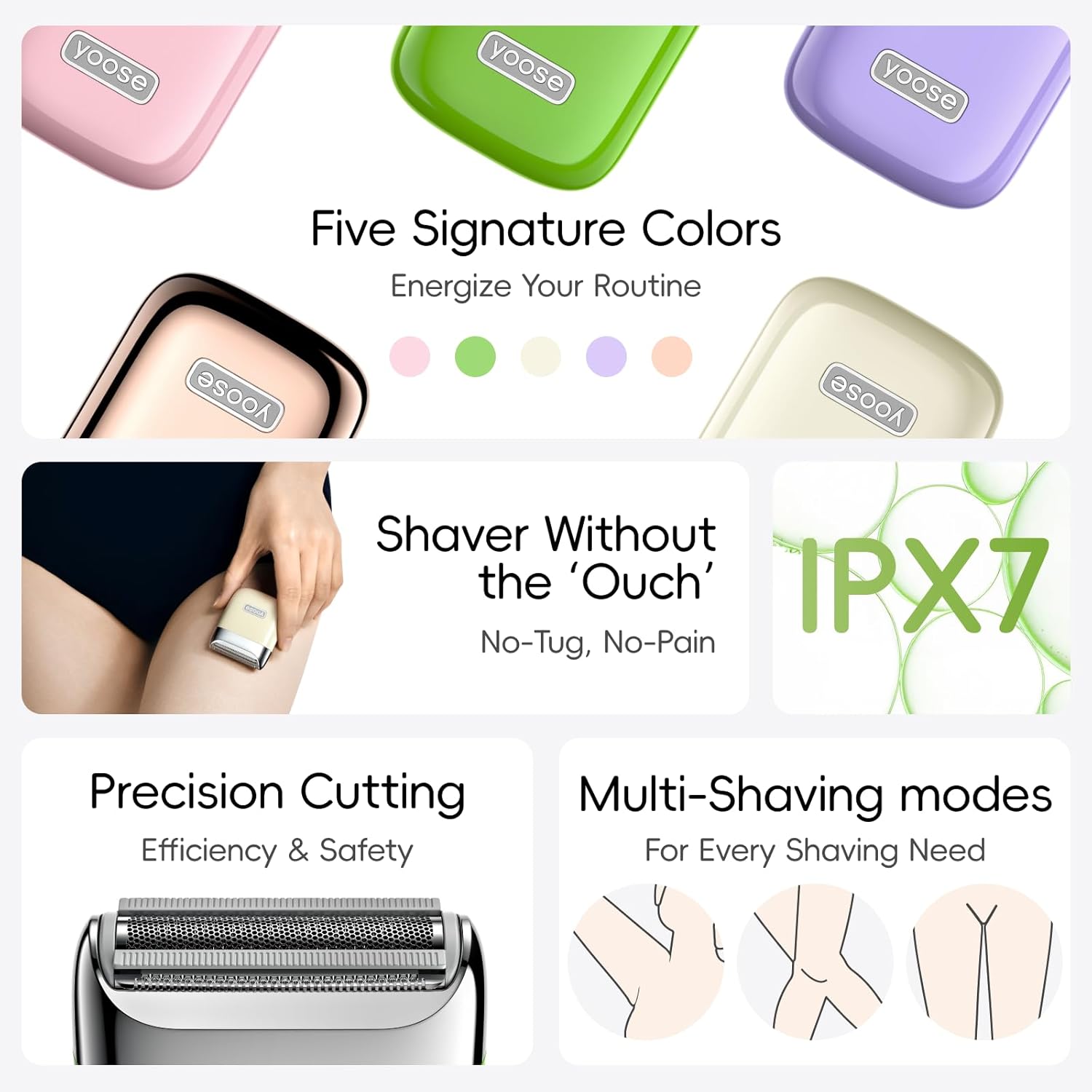 Yoose Electric Razor for Women - IPX7 Waterproof Bikini Trimmer with USB-C & Multi Shaving Modes | Portable Porcelain White