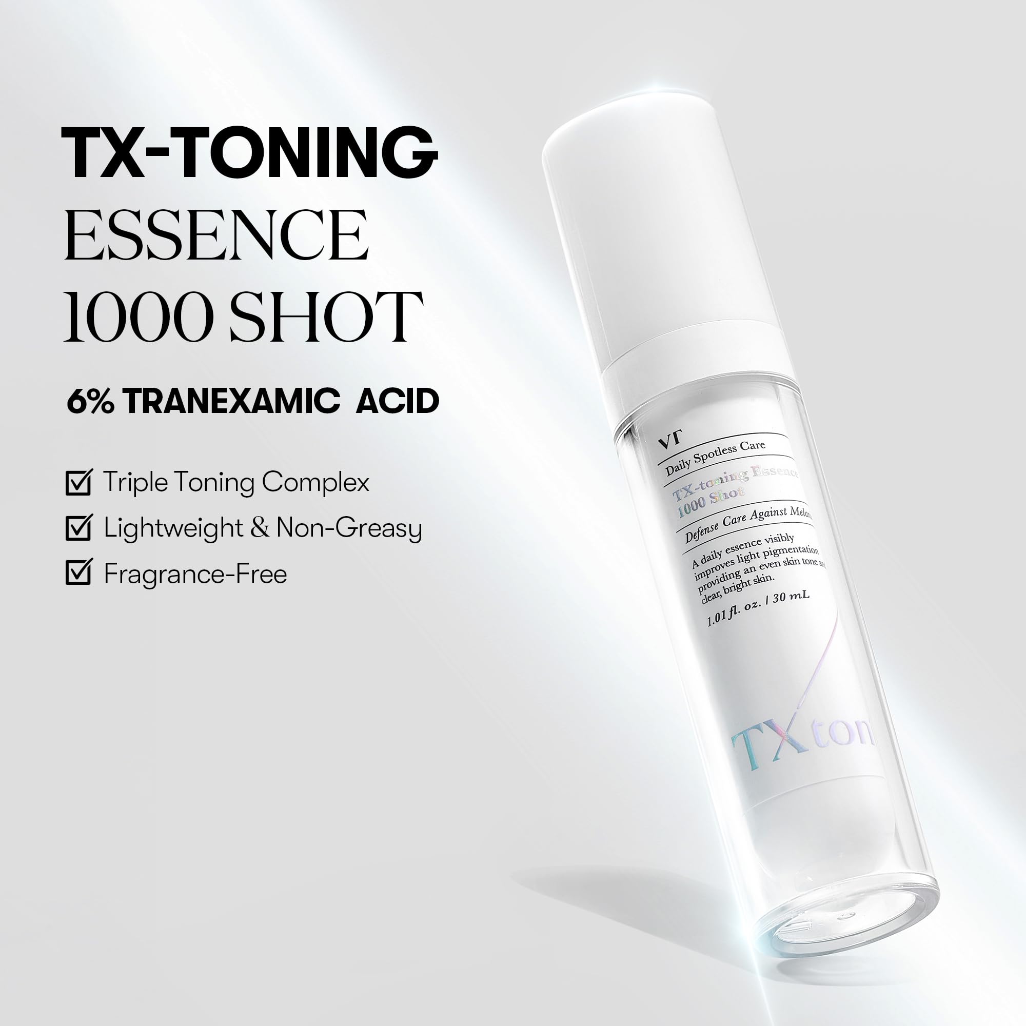 VT COSMETICS TX Toning Essence 1000 Shot, Tranexamic Acid Serum with Niacinamide, Glutathione for Radiant Glass Skin Face, Dark Spots, Sun Spots, Age Spots, Acne Scar, Korean Skin Care (1.01 fl. oz.)