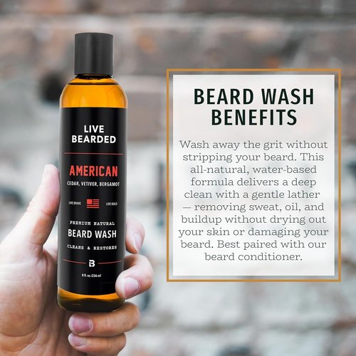 Live Bearded Beard Wash - All-Natural Water-Based Face Cleanser for Gentle Deep Clean - 8 fl oz | American Scent: Cedar, Vetiver, Bergamot