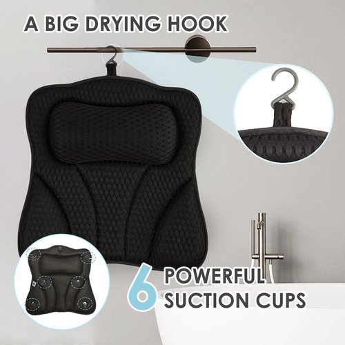 Joeyset Bath Pillows for Tub Head Neck Back Support, Bathtub Pillow 4D Breathable Air Mesh, Spa Relaxing Gifts for Women, Luxury Bathing Accessories with 6 Suction Cups and Hook(Black)