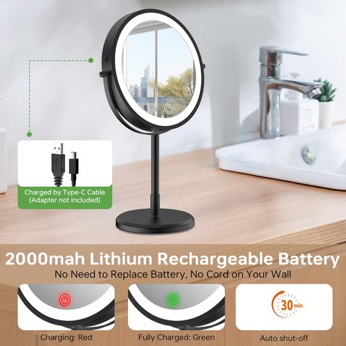mumianshu Folding Travel Makeup Mirror with Lights and Magnification,7” Double Sided 1X/10X Lighted Magnifying Mirror with Rechargeable Battery,Brightness Adjustable,3 Color Lighting, Black