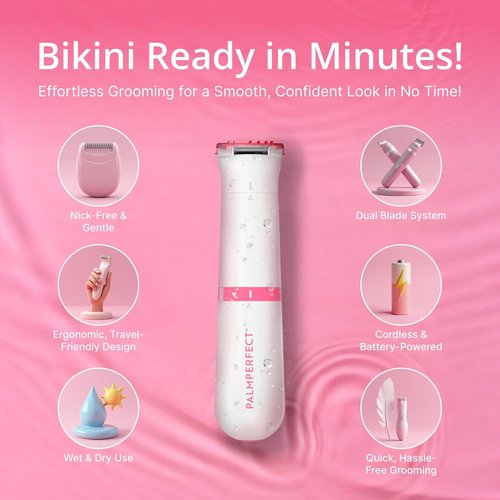 PalmPerfect Bikini Trimmer for Women - Gentle Hair Removal with Dual Blade System - Waterproof Wet/Dry Grooming