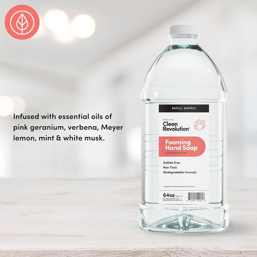 Clean Revolution Foaming Hand Soap - Gentle & Moisturizing with Real Essential Oils | Geranium Mint, 64 Fl Oz