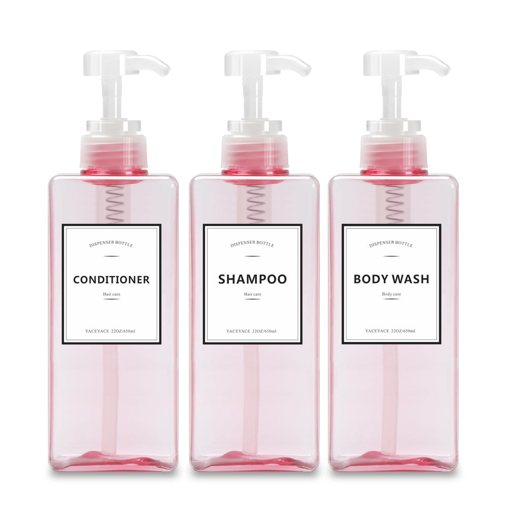 YACEYACE 22oz Set of 3 Travel Shampoo and Conditioner Dispenser, Empty Soap Dispenser, Pink Refillable Bottles
