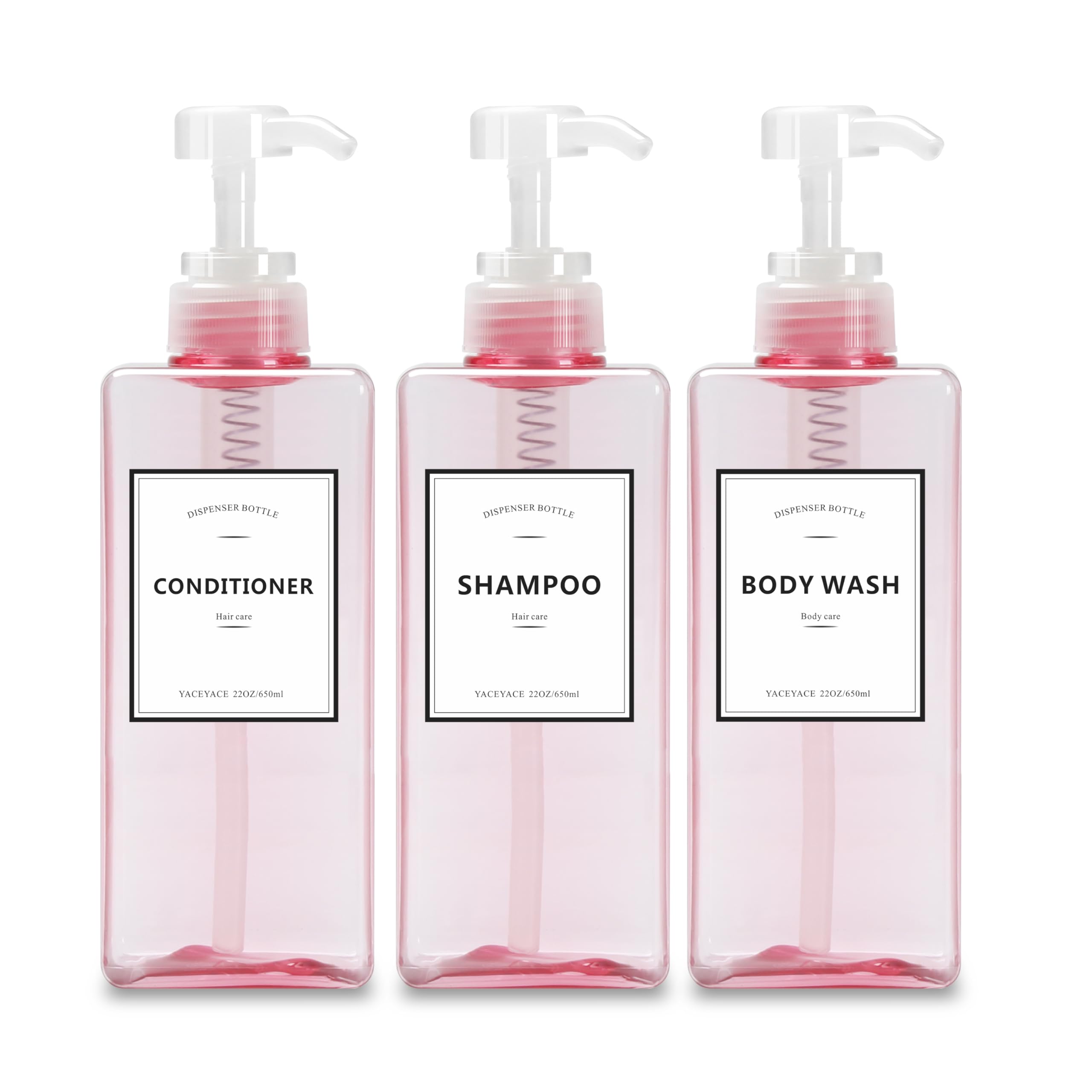 YACEYACE 22oz Set of 3 Travel Shampoo and Conditioner Dispenser, Empty Soap Dispenser, Pink Refillable Bottles
