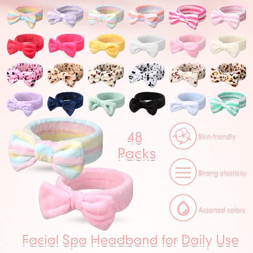 Giegxin 48 Pieces Spa Headband Bulk Bow Hair Band Facial Makeup Headbands Fluffy Plush Headband for Women Girls Washing Face Spa Sleepover Party Supplies(Cute Pattern)