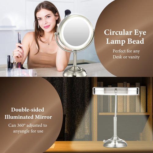 VESAUR 2026 Upgraded 20X lighted makeup mirror with magnification, 9" 1X10X Magnifying Mirror with 3 Color Modes & Adjustable Brightness, 5000mAh Rechargeable Vanity Mirror, 360° Swivel, Nickel, Gifts