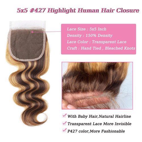 4/27 5x5 Hd Lace Closure 12 Inch Brazilian Virgin Human Hair Closure Bleached Konts Transparent Lace Pre Plucked With Baby Hair Natural Hairline Free Part For Women (P427 12 Inch)