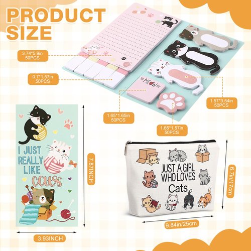 MotiMind 6 Pcs Cute Cat Stationery Set Pens Sticky Notes Makeup Bag Pencil Pouch for Girls Women Cat Lovers Christmas Gifts School Office Supplies