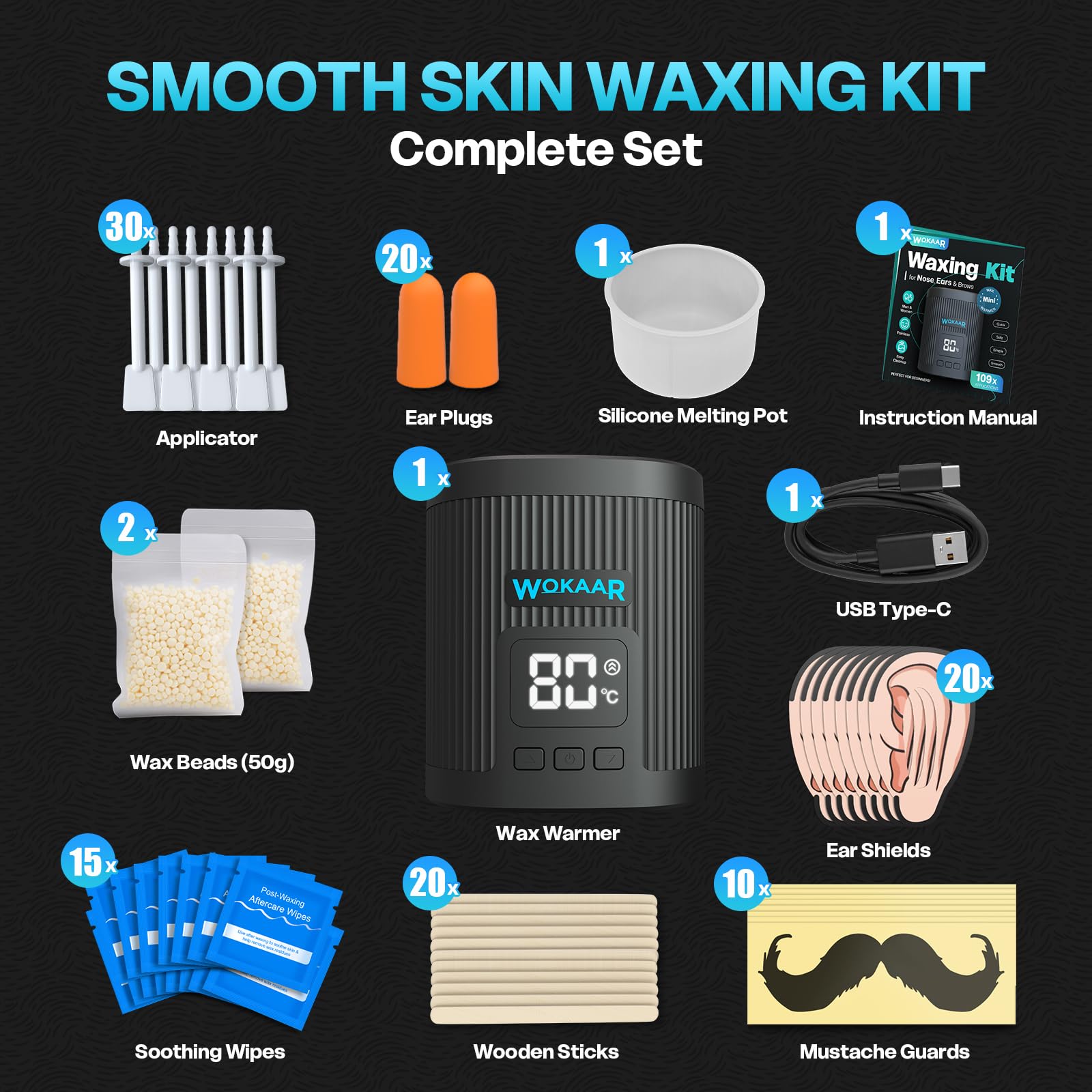 Wokaar Nose Wax Kit for Eyebrow and Ear Hair | 100gWax, 50 Face Waxing Sticks | USB-C(5V/2A) Wax Warmer | Hair Removal Kit for Men & Women | 15 Pre/Post Wipes, Ear and Mustache Guards & Earplug