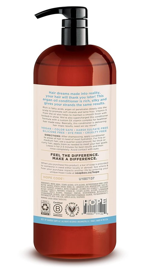 Soapbox Argan Oil Conditioner - Sulfate-Free, Paraben-Free, Vegan | 33.8 Ounces, Color Safe Formula