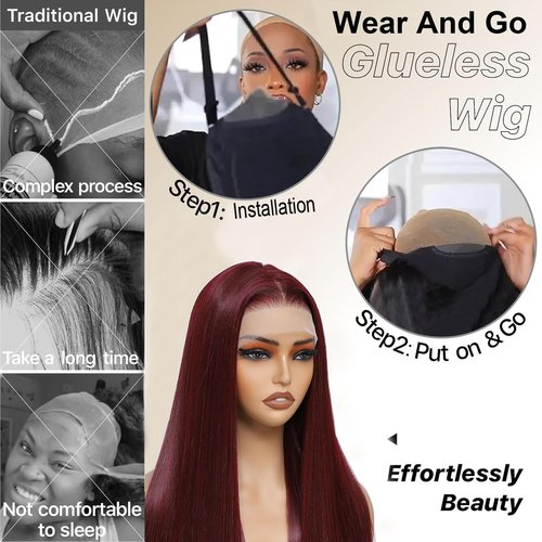 7×5 Burgundy Wear and Go Glueless Wigs Pre Plucked Pre Cut for Beginners Highlights Synthetic Lace Front Wigs For Woman 26 Inch 3 Seconds to Wear