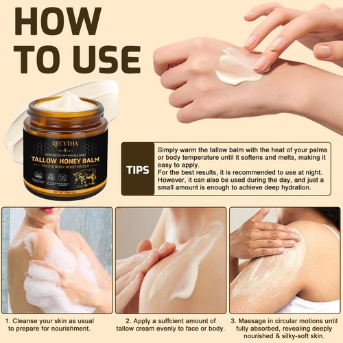 Beef Tallow for Skin, Tallow and Honey Balm, Organic Grass-Fed Beef Tallow + Raw Wild Honey, Jojoba Oil, Face & Body Moisturizer for Dry/Sensitive Skin, Deep Nourishing Natural Formula, Light Scent