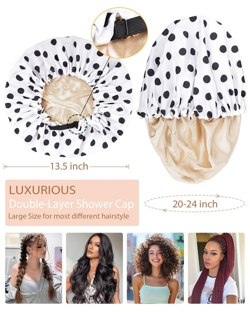 Luvruitaky Large Shower Caps for Women Reusable Waterproof Satin Lined Shower Cap with Adjustable Band Double Layer Design Luxury Washable Bath Hair Bonnet (Black Dot)