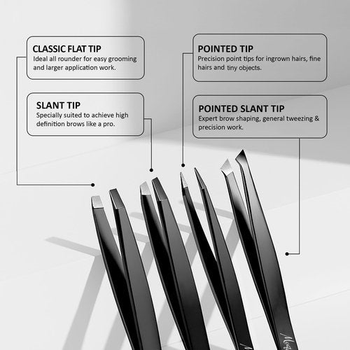MaqHues Fiber Tip Eyebrow Tweezers Set for Women & Men, 4 Pcs Professional Stainless Steel Tweezer Kit with Slant, Pointed, Flat & Pointed-Slant Tips for Facial Hair & Eyebrow Removal (Black)
