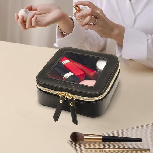 DIYOOHOMY Clear Makeup Bag with Zipper, Black Travel Toiletry Bag for Women, Mini Leather Cosmetic Organizer Case, Small Portable Purse Pouch