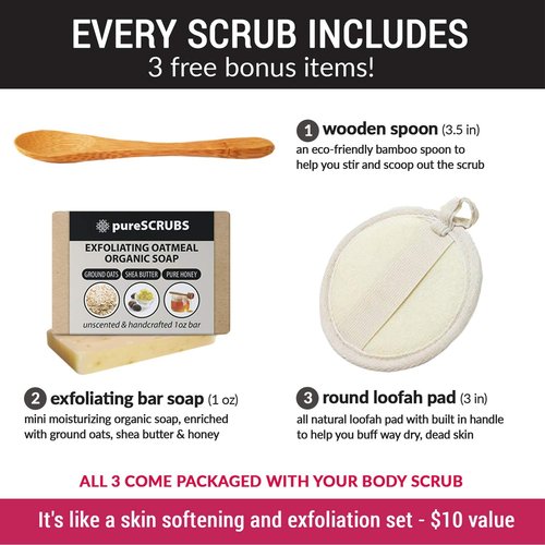 pureSCRUBS Premium Coconut Body Scrub Set - Large 16oz Dead Sea Salt Body Scrub With Infused Essential Oils & Nutrients, Includes Wooden Spoon, Loofah & Oatmeal Exfoliating Bar Soap