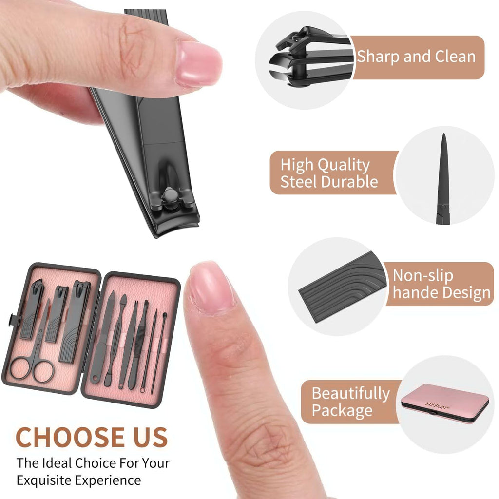 ZIZZON Travel Mini Manicure Set Nail Clipper Set 10 in 1 Stainless Steel Pedicure Care Grooming kit with Case (Black/Pink)