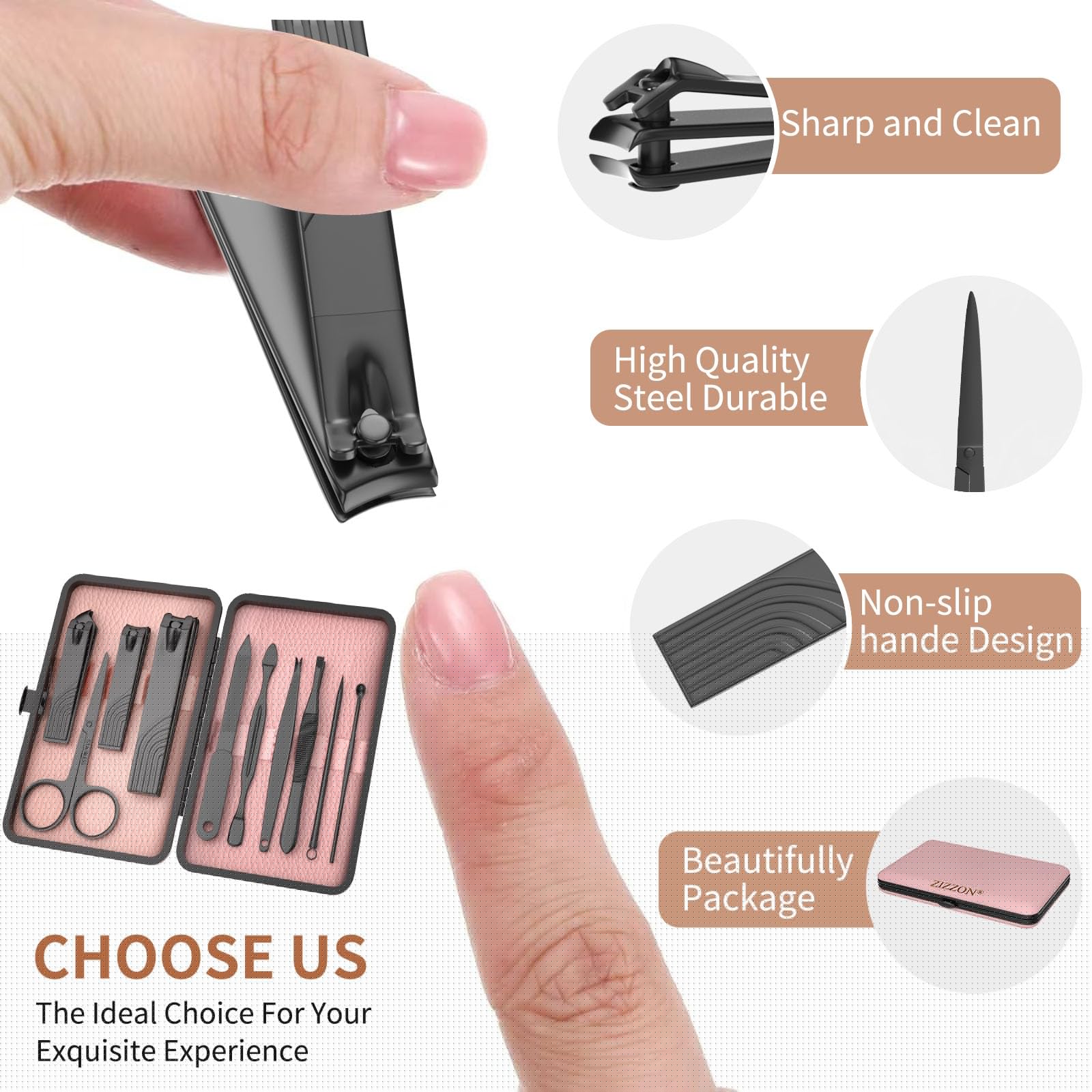 ZIZZON Travel Mini Manicure Set Nail Clipper Set 10 in 1 Stainless Steel Pedicure Care Grooming kit with Case (Black/Pink)