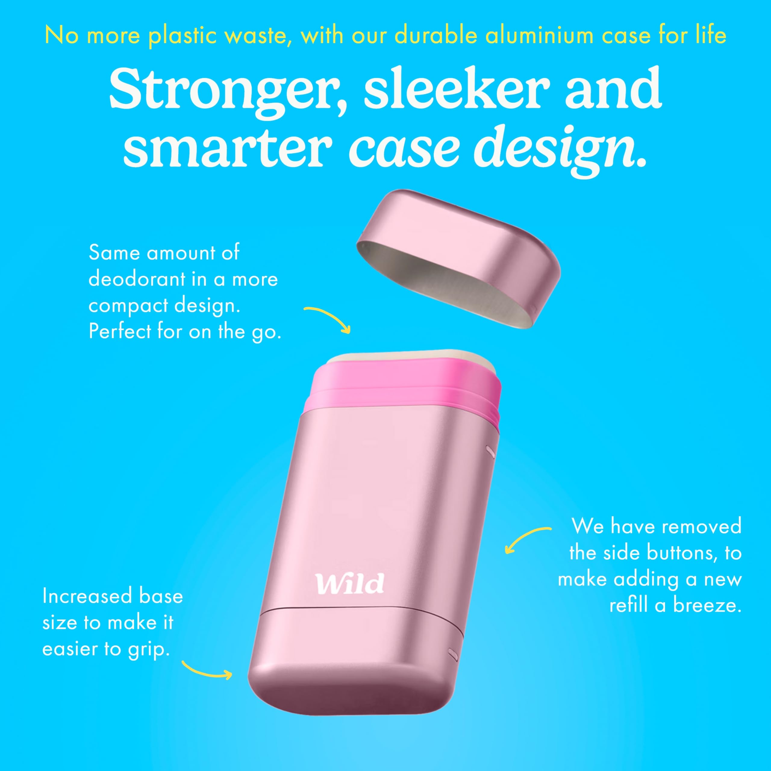 Wild Aluminum Free Deodorant for Women Starter Kit - Refillable Stick Deodorant with Pink Applicator Case & Fresh Cotton and Sea Salt Scented Refill (1.4oz) - Long Lasting Protection - Vegan Friendly