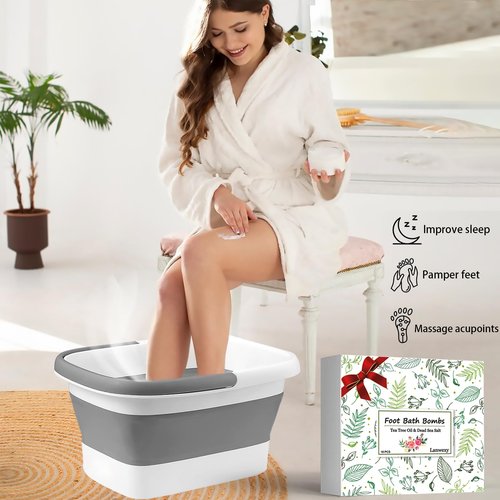 Lanwexy Foot Soaking Tub,Collapsible Bucket,Foot Spa,Foot Bath 16 Pack Foot Soak with Bath Salt and Tea Tree Oil.Foot Bath Soak Tub,Foot Balls for Foot Callus, Dry Cracked, Stubborn Foot Odor Scent.