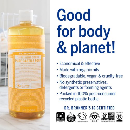 Dr. Bronner's Pure-Castile Liquid Soap - Citrus Scent, 32oz, 2-Pack | 18-in-1 Uses, Vegan & Organic