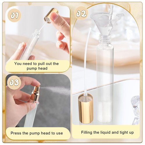 BOSMIOW 25Pcs 10ml Clear Glass Perfume Sample Vials with Golden Pump Head,Mini Empty Fine Mist Atomizer,Portable Essential Oils Spray Bottle,Travel Size Cosmetic Containers