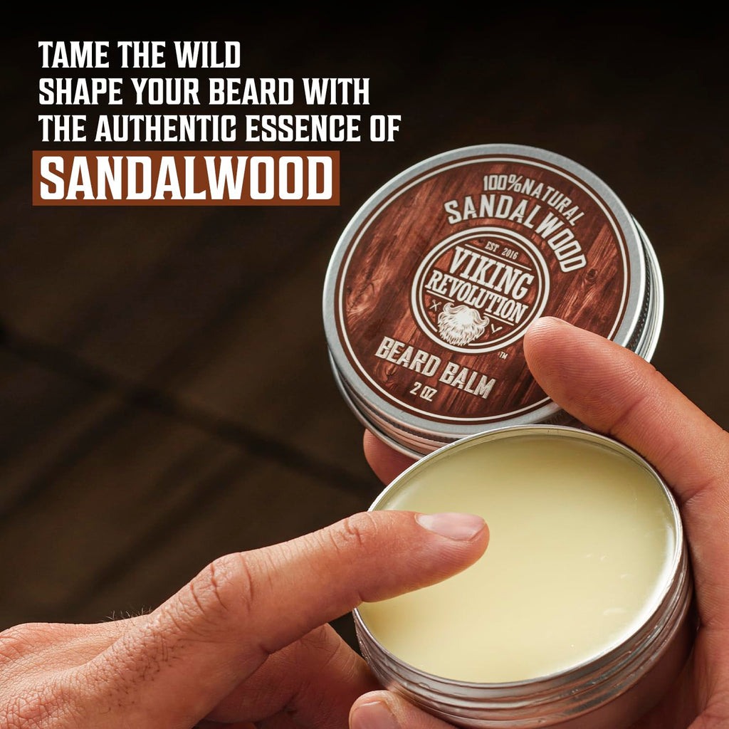 Viking Revolution Sandalwood Beard Balm for Men (2oz) and Sandalwood Beard Oil (1 fl oz) Bundle - With Argan and Jojoba Oils - Soften and Moisturize - Stocking Stuffers for Men