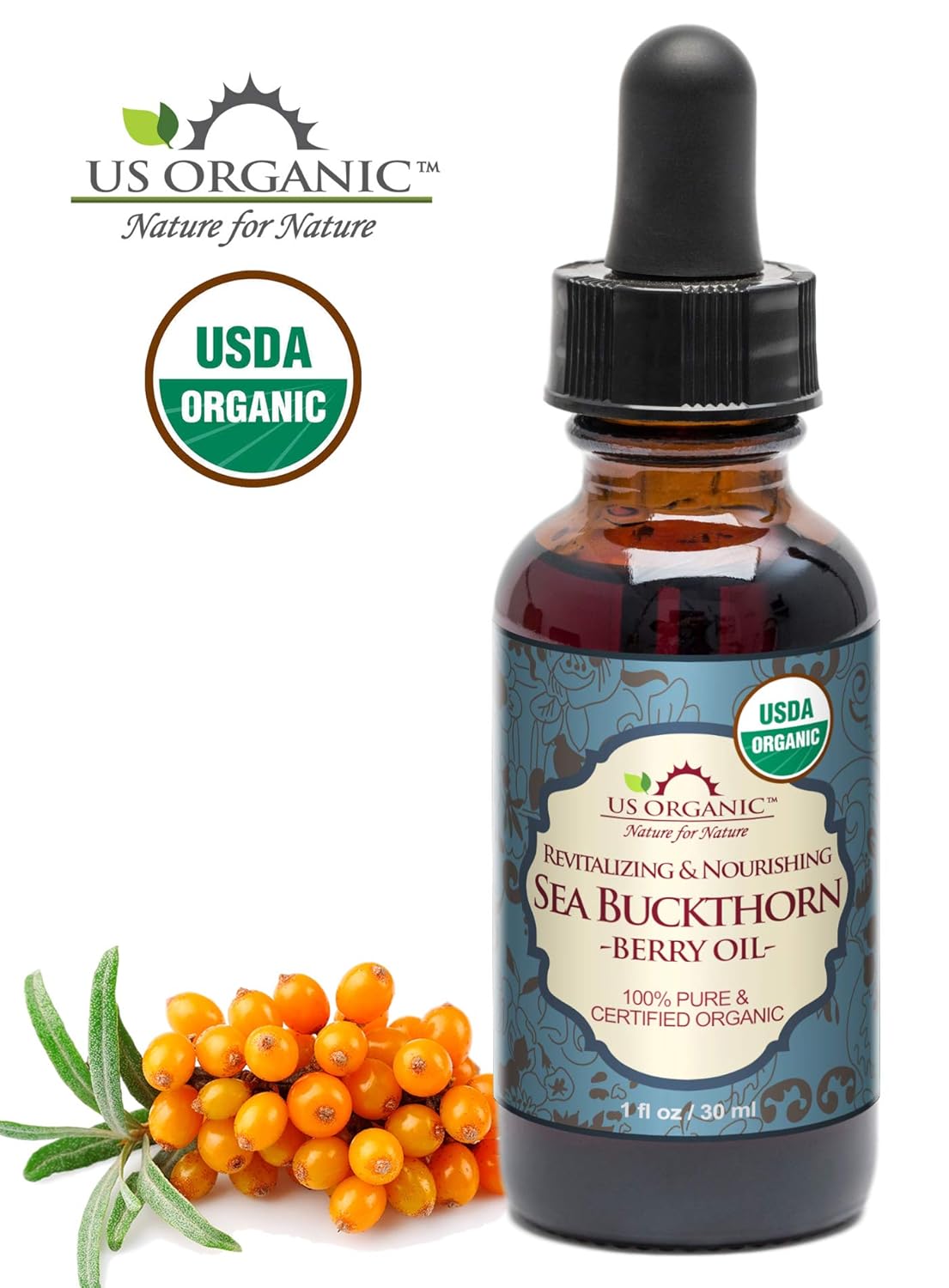 US Organic Sea Buckthorn Berry Oil - 100% Pure Virgin & Unrefined | Supercritical CO2 Extracted, 1 oz (30 ml)