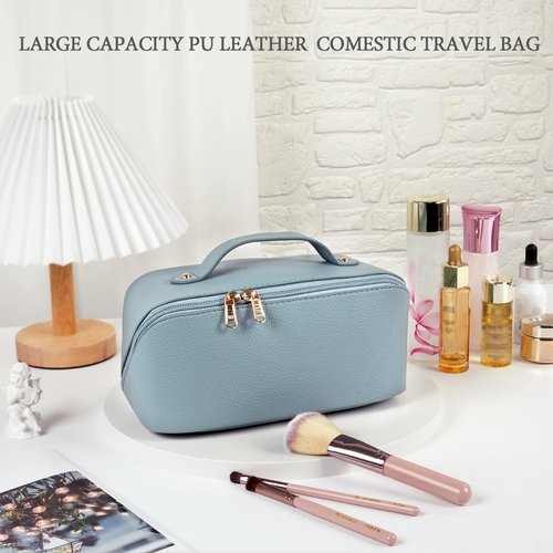 Large Capacity Cosmetic Bag, Travel Cosmetic Storage Bag with Handle, Portable Zipper Cosmetic Bag Toiletry Bag Makeup Bag Large with Compartments for Women Girls (Blue)
