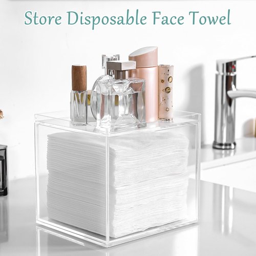 VEGEVIGI Acrylic Disposable Face Towel Holder Intended For Face Towels XL, Facial Towel Storage Box With Drawer, Clear Clean Towels Xl Container Organizer For Bathroom Countertop