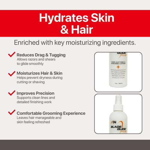 JATAI - Blade Glide Plus - Hair Cutting and Shave Lotion - Moisturizes Skin & Hair - Equalizes Hair Porosity - Extends Life of Blade - With Silicone, Pro Vitamin B5 & Purified Water - 8 Oz