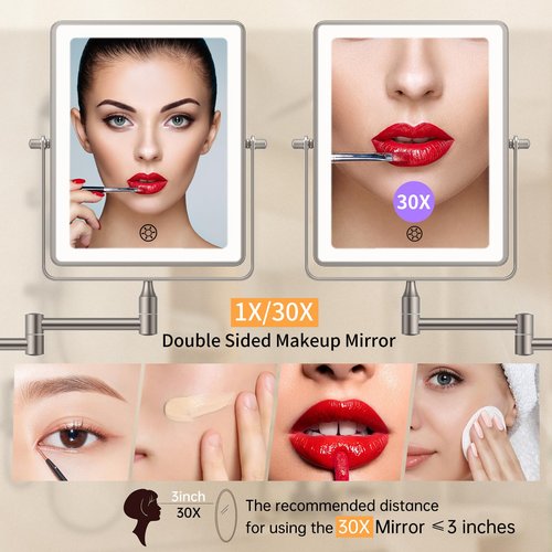 FUNTOUCH 5000mAh Rechargeable Wall Mounted Makeup Mirror with Lights, 8.7" Double Sided 1X/30X Magnifying Mirror with Dimmable 3 Color Light, Extended Swing Arm 360° Wall Mount Bathroom Vanity Mirror