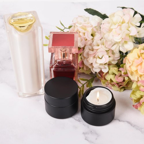 0.5 oz Glass Jars with Lids, Small Empty Cosmetic Jars with Inner Liners, Frosted Finish Sample Containers for Lip Balm, Ointments, Salves, Creams, Candle Making (48 Pack, Black Frosted)