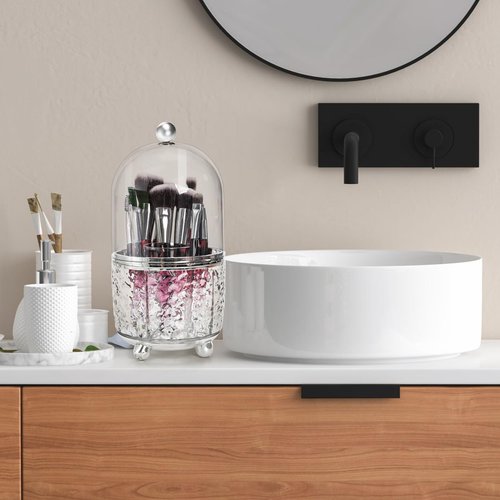 Eorbow Rotating Makeup Brush Holder, Dustproof Cosmetic Tools Organizer with Lid, 360° Spinning Covered Brushes Storage with Anti-slip Pads for Vanity, Bathroom Countertop & Bedside Table, Clear