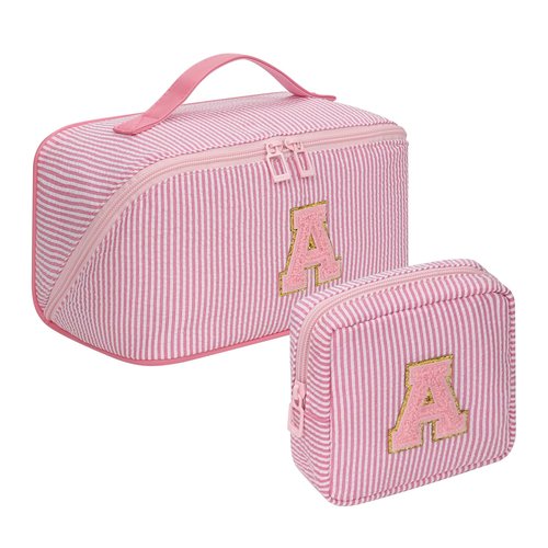 Easter Basket Gifts for Girls Women - Travel Makeup Bag for Women, 2Pcs Portable Personalized Initial Makeup Organizer Bag, Open Flat Large Cosmetic Bag With Travel Essential Pouch (Pink Letter A)