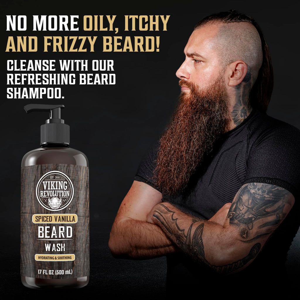 Viking Revolution Beard Wash and Beard Conditioner for Men with Argan Oil and Jojoba Oil - Beard Softener and Strengthener Beard Care Beard Shampoo and Conditioner with Beard Oil (17oz Spiced Vanilla)