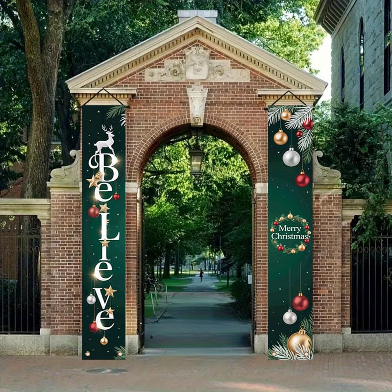 Multicolor 12x71 Inch Christmas Birthday Porch Banner with Pine Branches - Believe