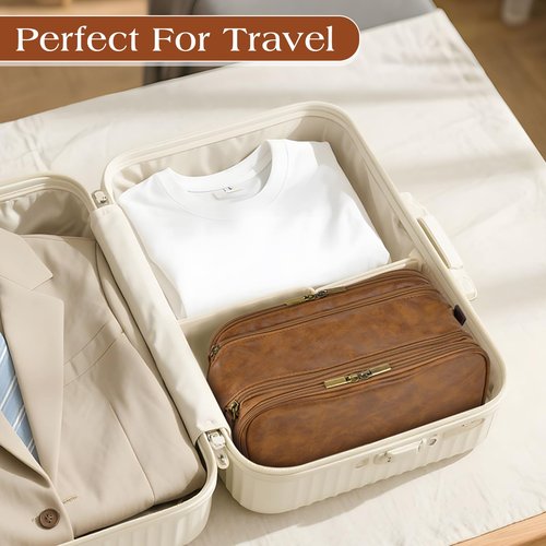 RPBHY Toiletry Bag for Men,Large Leather Dopp Kit & Travel Organizer, Water-Resistant Shaving Bag for Traveling Gift for Him (Brown)