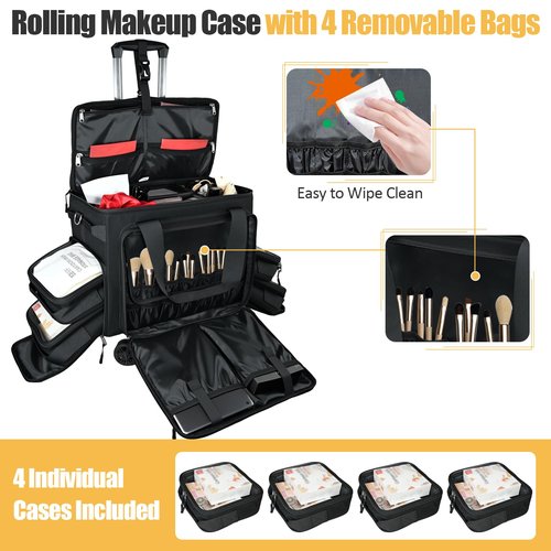 BatlFrist Rolling Cosmetic Bag with 4 Removable Bags,Professional Cosmetic Bag with Brushes Storage Section.Cosmetic Bag with Detachable Dividers (Patent Design)(Black)